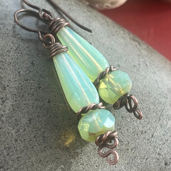 Elegant Tea Green Opalite Dangle Earrings, Wire Wrapped Drop Earrings - Picture 1 of 4